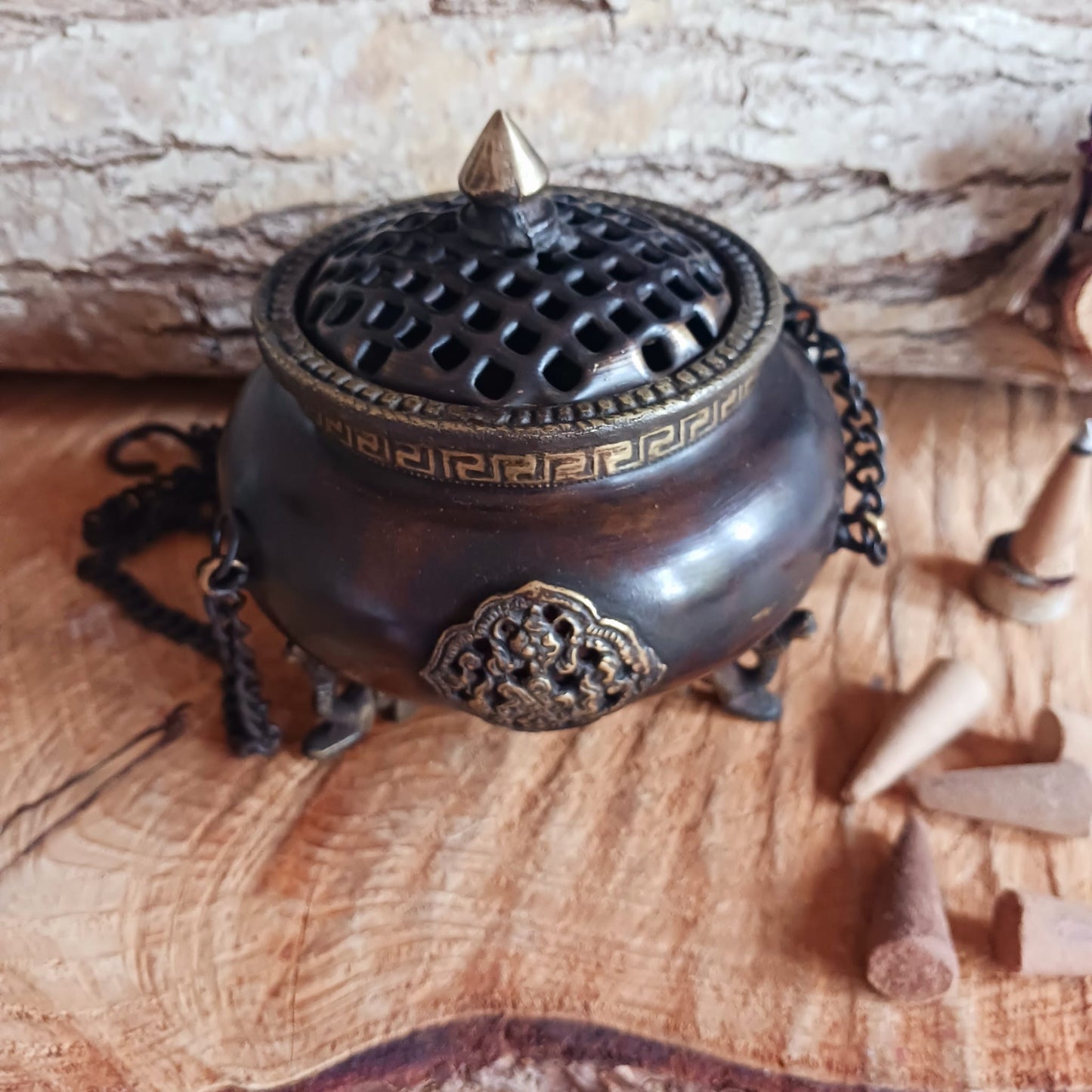 Brass Tibetan Burner | Four Symbol Hanging Pot