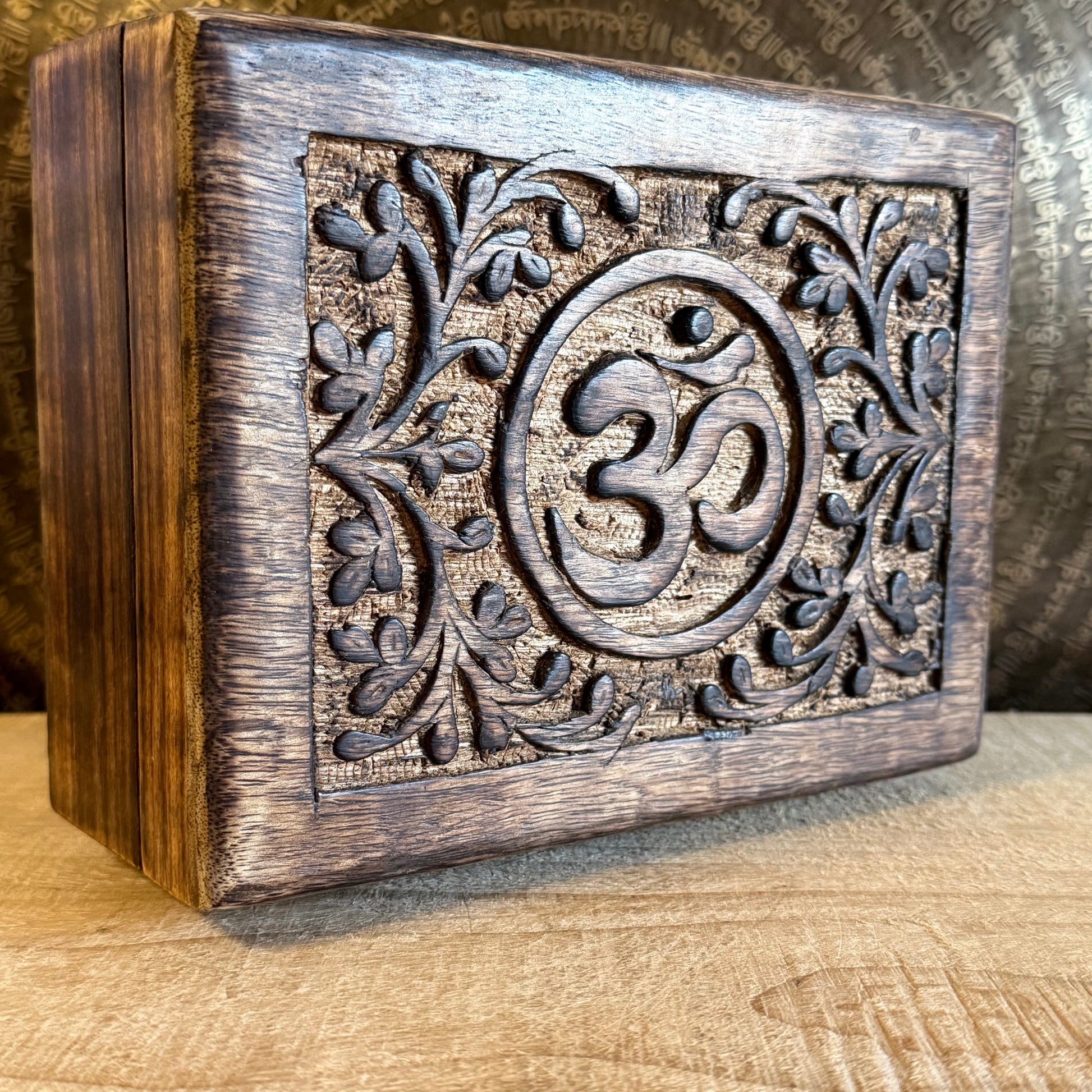 Hand-carved wooden keepsake box with Om design, mango wood storage box