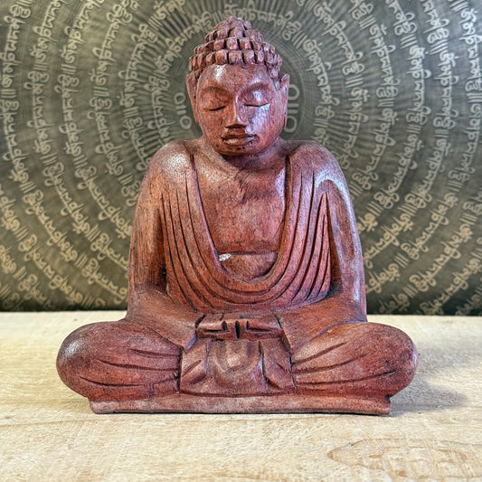 Hand carved 15cm wooden Buddha statue in Dhyan Mudra made from Raintree wood