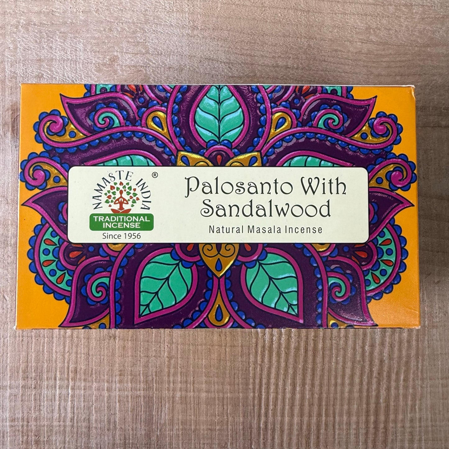 Shop Namaste India Palo Santo with Sandalwood incense sticks. Cleansing masala incense for meditation, relaxation, yoga, and mindful living.