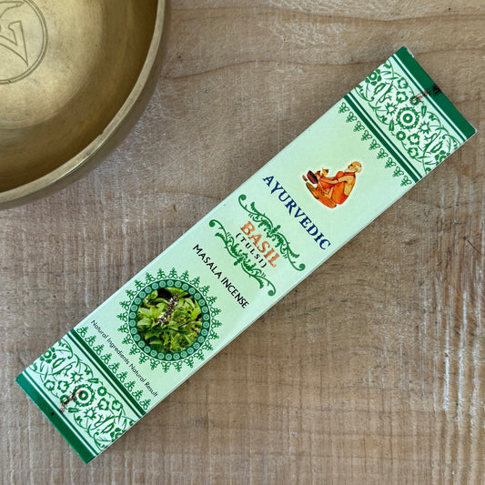 Ayurvedic Basil (Tulsi) Masala Incense Sticks are crafted from essential oils and all-natural ingredients, ensuring a pure and authentic aroma with every use. Each incense stick is a carefully balanced blend of premium resins, oils, herbs, petals, and honey, producing a fragrance that supports meditation, yoga, and spiritual cleansing. These incense sticks are designed to create a harmonious atmosphere, enhance well-being, and elevate mood, making them ideal for those seeking a natural and uplifting sensory