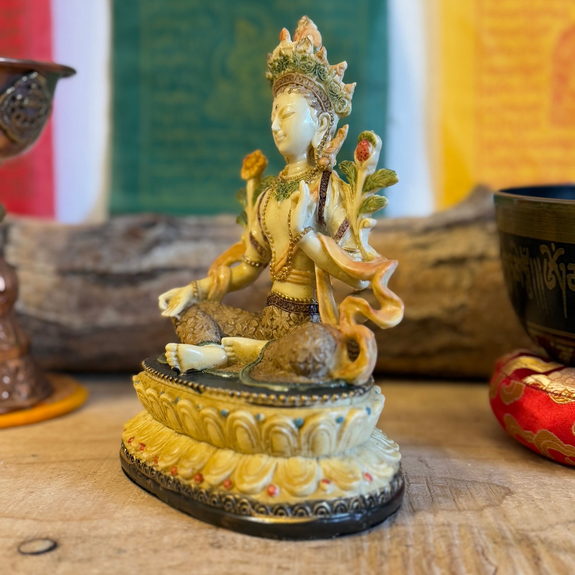 Green Tara Resin Cast Statue

Celebrate the dynamic grace of Green Tara, the revered goddess of compassion and swift action. These stunning resin cast statues capture her unique essence, easily recognized by her distinctive pose: one leg outstretched, ready to respond to the needs of those who call upon her.

Iconic Mudras: Her left hand forms the mudra of protection, a gesture that shields and defends, while her right hand holds the mudra of giving, symbolizing generosity and blessings.
Artistic Craftsmans