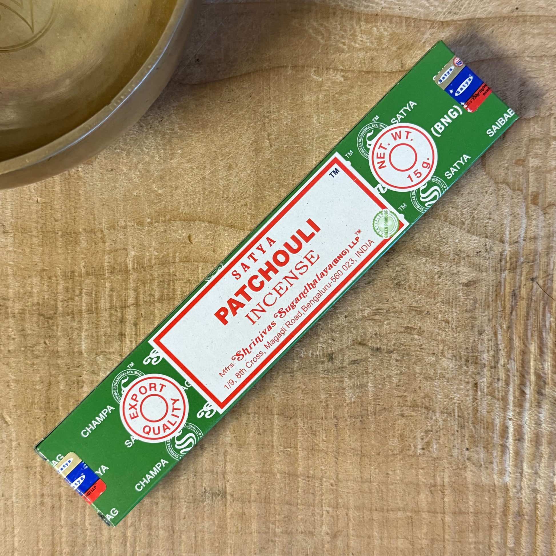 Satya Patchouli incense sticks 15g from the Nag Champa Collection. Hand-rolled sandalwood and patchouli incense for meditation and ritual use.