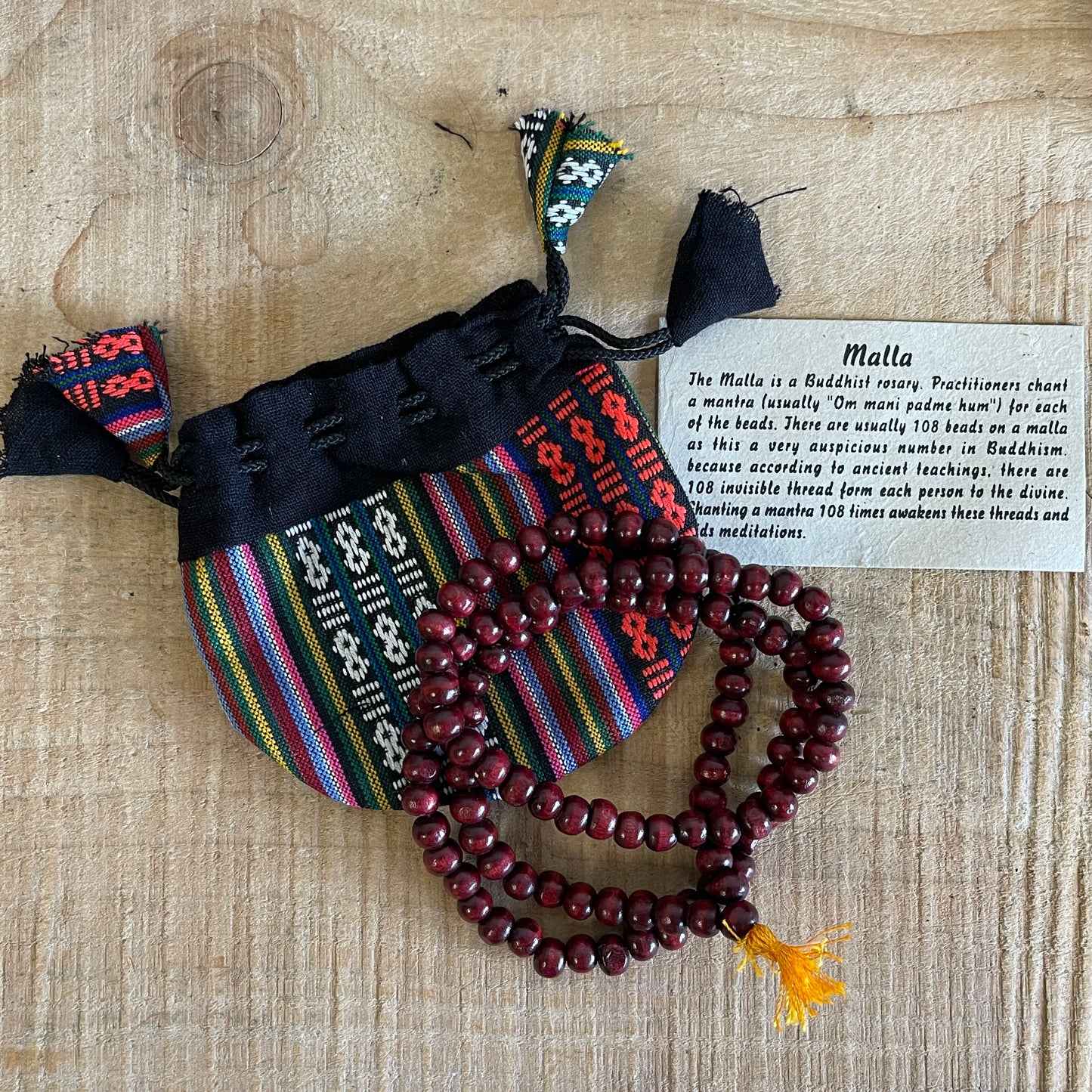 Wood Mallah Beads Buddhist Prayer Beads In Nepalese Pouch