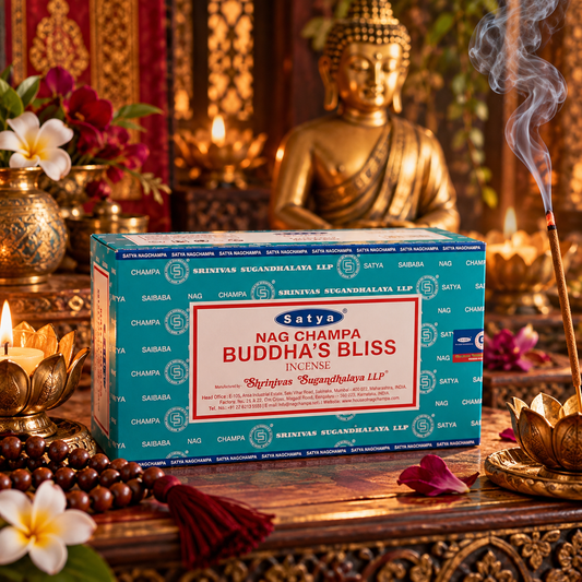 Create a peaceful and uplifting atmosphere with Satya Nag Champa Buddha’s Bliss Incense Sticks. This beautifully aromatic incense combines the distinctive Satya fragrance with a warm, soothing character, making it ideal for meditation, yoga, prayer, relaxation and moments of quiet reflection. The rich fragrance helps transform your surroundings into a tranquil spiritual space, whether used during daily practice or simply to enjoy throughout the home. Each box contains 15g of incense with approximately 12 in