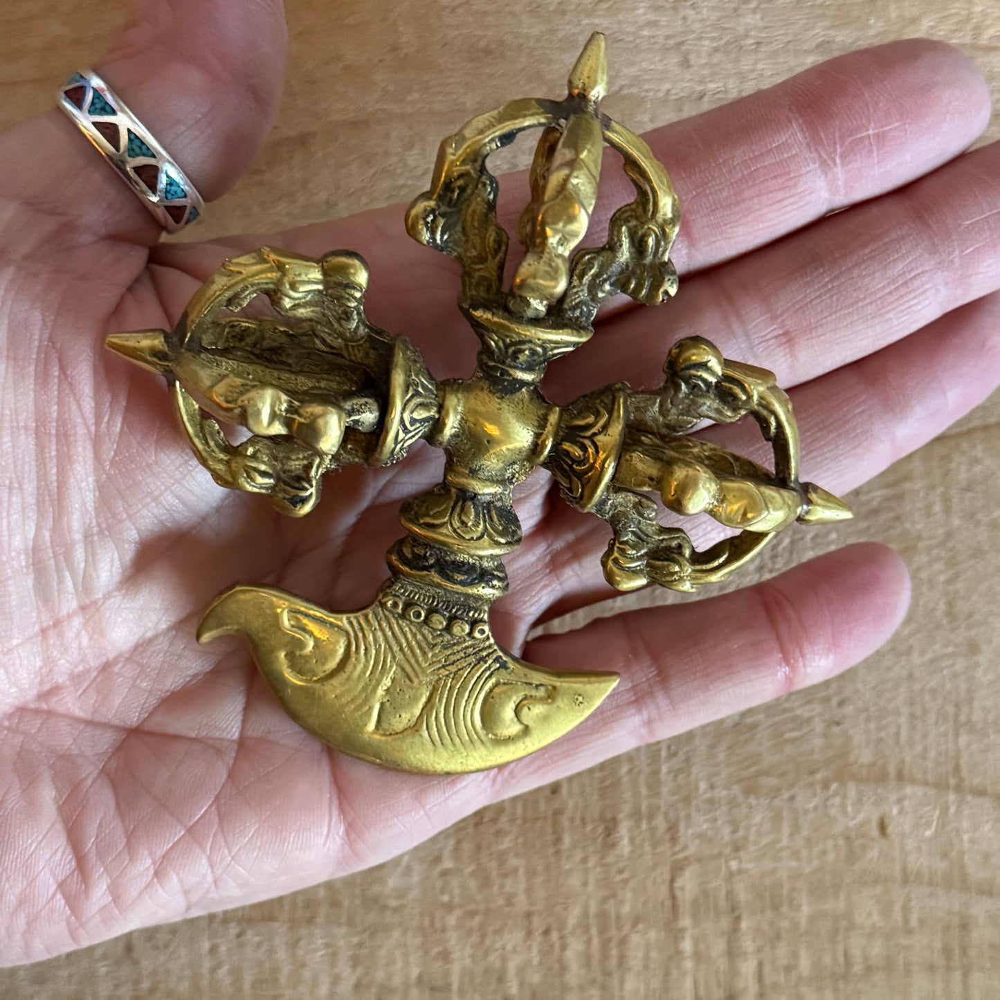 Handcrafted Kartika Vajra Dorje in solid brass from Nepal. A sacred Tibetan Buddhist ritual object symbolising protection, liberation, and Vajrayana wisdom.