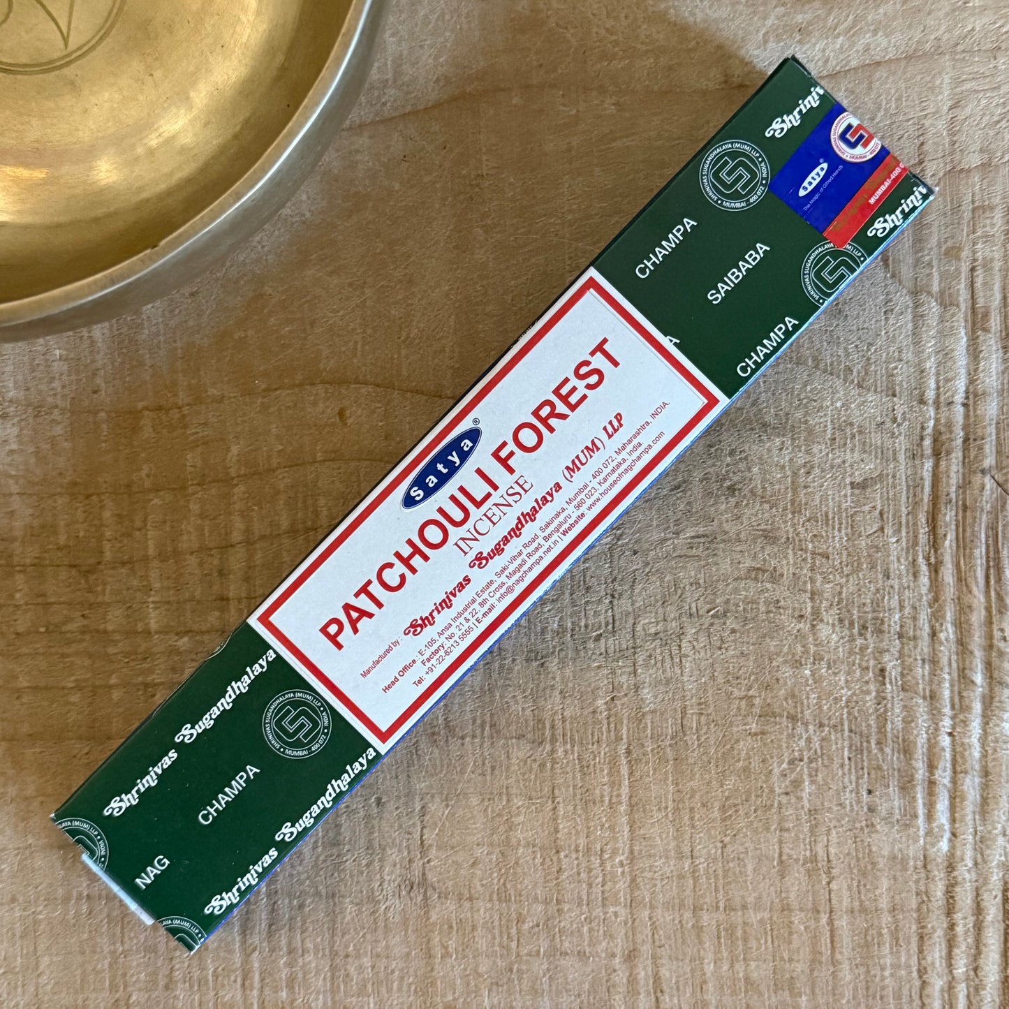 Satya Patchouli Forest incense from India. Hand-rolled Nag Champa sticks with sandalwood and patchouli oils for meditation, rituals, and home ambiance.
