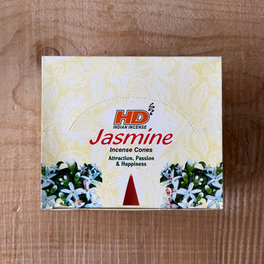 Jasmine Hari incense cones with a rich floral aroma. Made in India for meditation, ritual use, relaxation, and uplifting spiritual spaces.