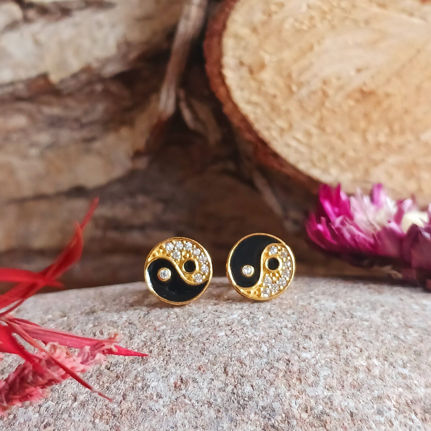 Yin Yang Cubic Zirconia Stud Earrings, Sterling Silver gold Plated