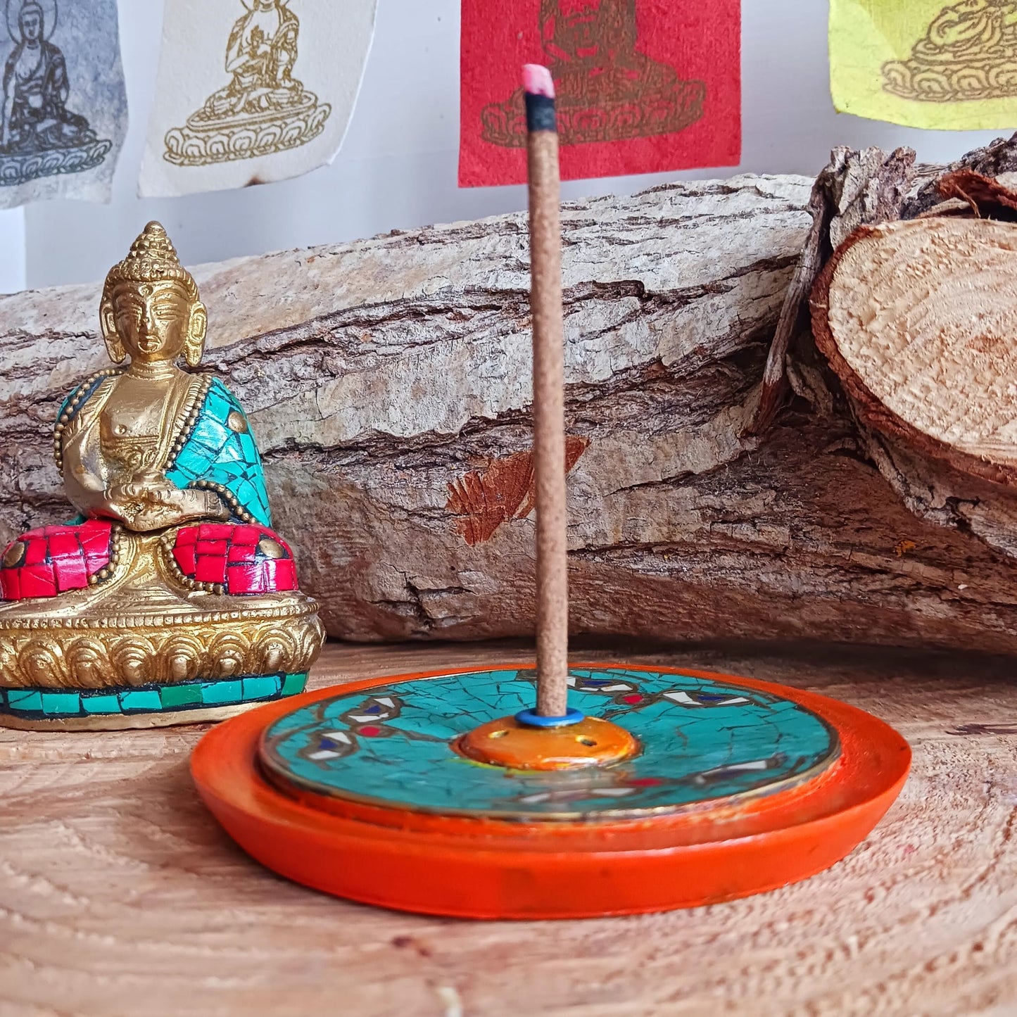 Buddha Eye Wood Incense Holder | Stone Inlay