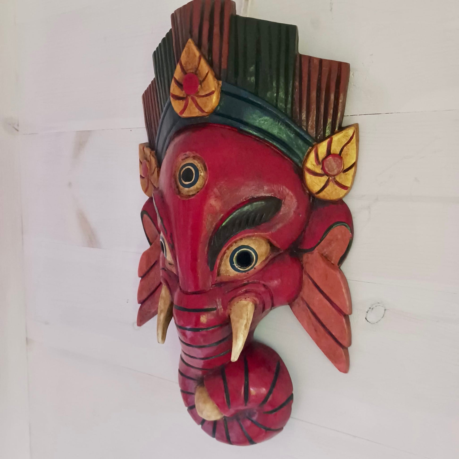 Hand Carved Ganesh Wooden Mask | Wall Hanging | Red