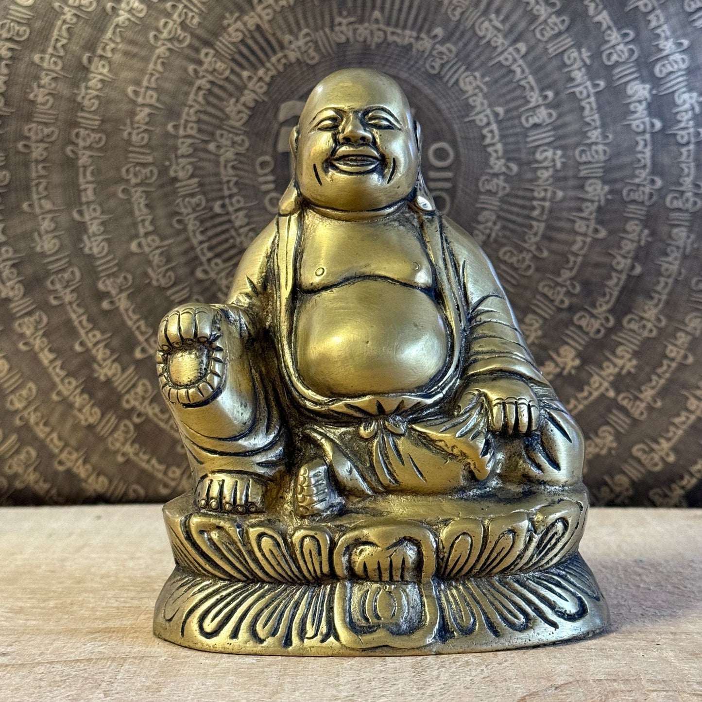 3 cm Laughing Buddha brass statue – Budai symbol of happiness and abundance.