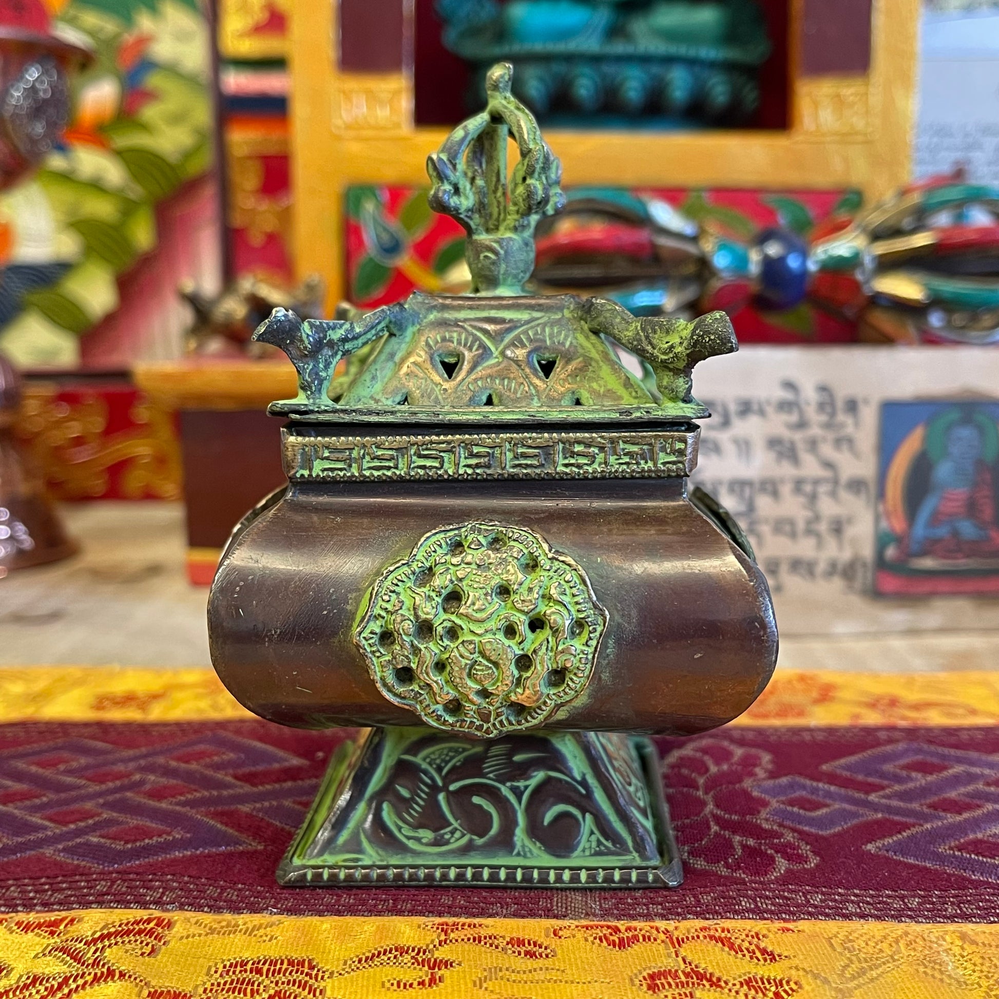 Brass Verdigris Tibetan Burner - Four Symbols Square Standing Pot