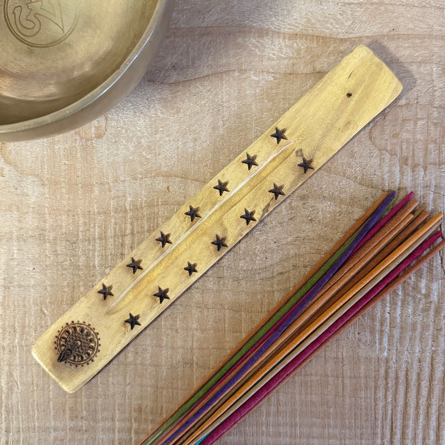 Natural mango wood incense stick holder with hand carved Moon Goddess design 26cm