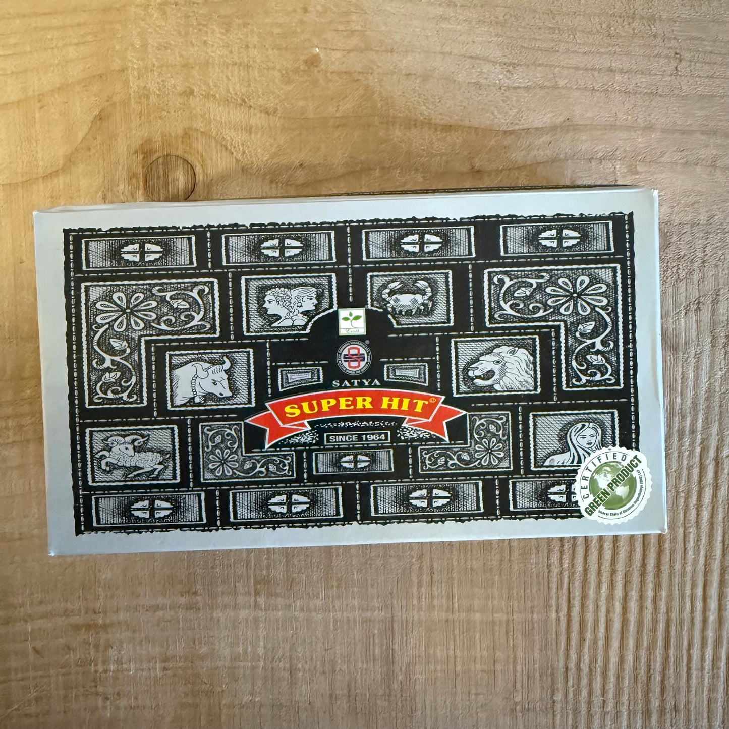 Satya Super Hit incense 100g large box from the Nag Champa Collection. Hand-rolled sandalwood incense for meditation, ritual, and cleansing.