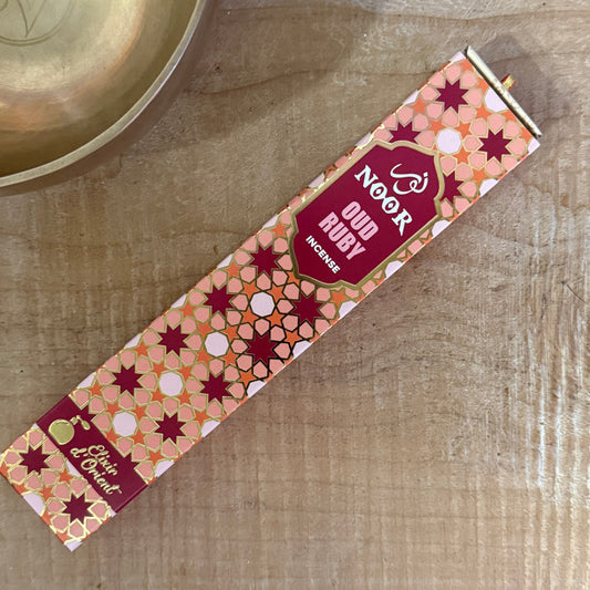 Noor Oud Ruby incense sticks with Dehn Al Oudh, saffron, patchouli and sandalwood