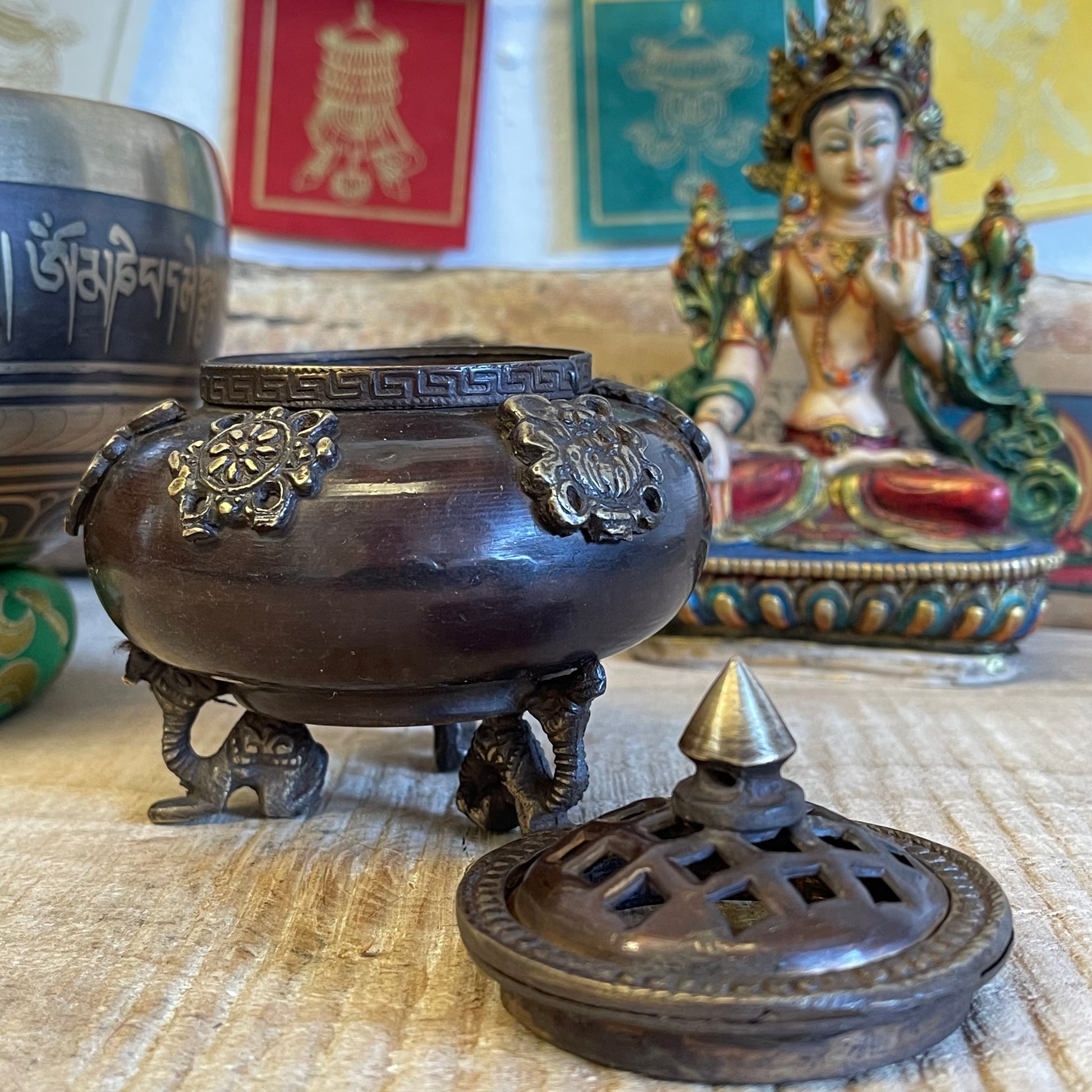 Brass Tibetan Incense Burner - Six Symbols Standing Pot