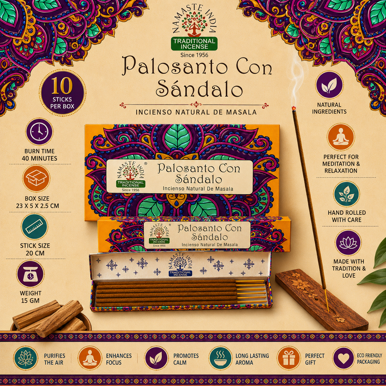Namaste India Palo Santo Sandalwood Masala Incense Sticks