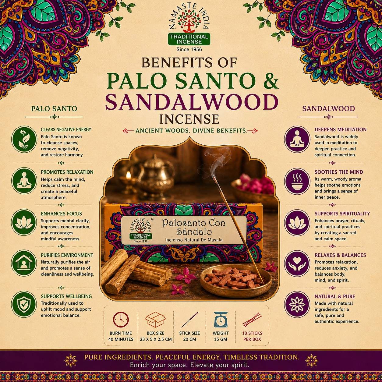 Namaste India Palo Santo Sandalwood Masala Incense Sticks