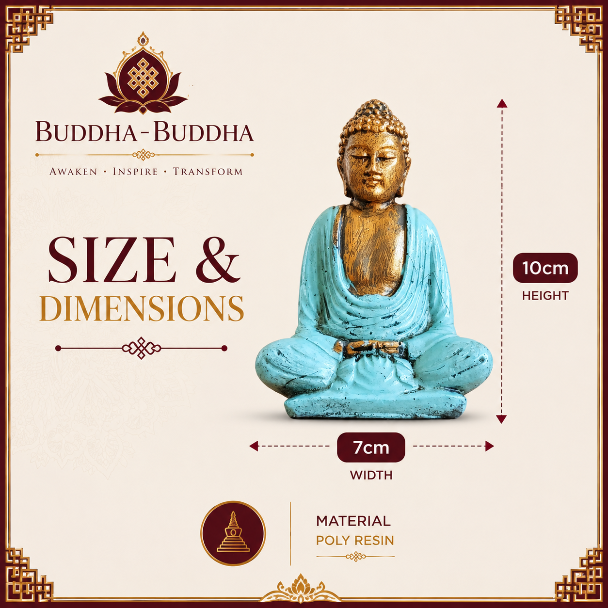 Create a calming and uplifting atmosphere with this beautiful little Turquoise &amp; Gold Buddha Statue. Designed to inspire peace, harmony, and positive energy, this charming decorative ornament makes a wonderful addition to any home, office, meditation room, or yoga space.