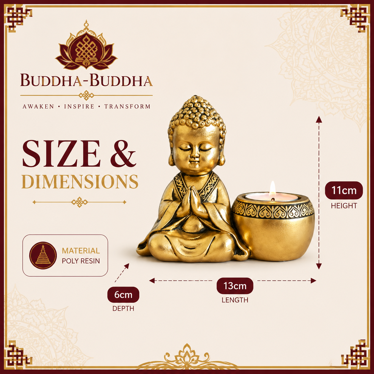 Bring a sense of peace and mindfulness into your home with this elegant Gold Buddha Tealight Candle Holder. Featuring a beautifully crafted praying Buddha figure alongside a tealight holder, this decorative piece creates a calming ambiance wherever it is placed.