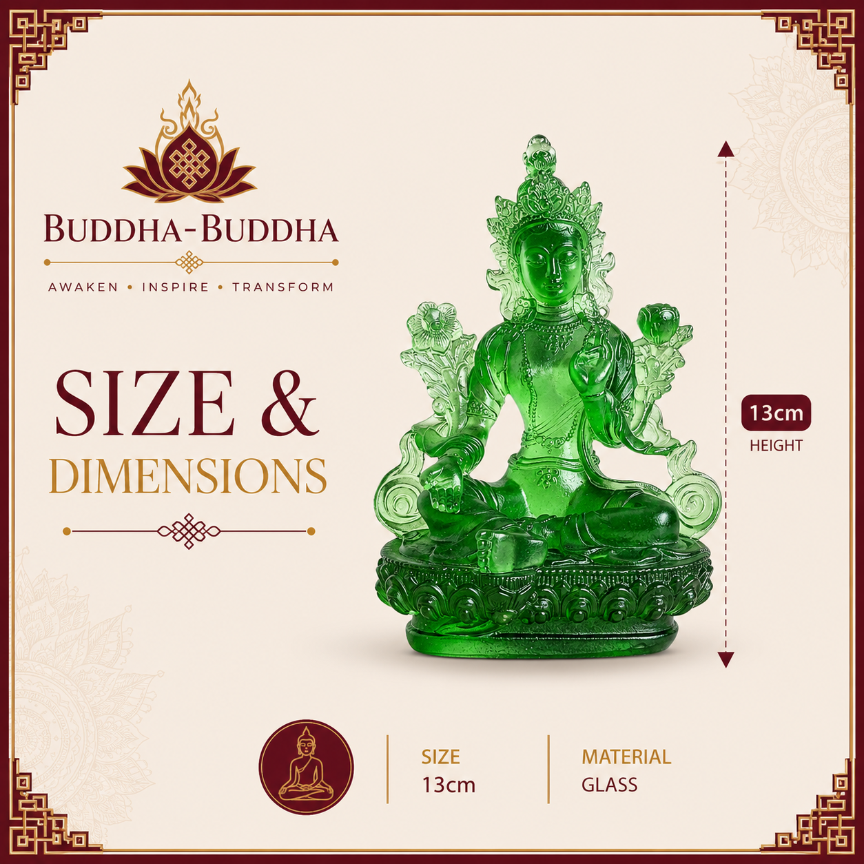 Bring serenity and divine feminine energy into your space with this stunning transparent Green Tara statue, crafted from high-quality glazed glass. Known as the "Mother of all Mothers," Green Tara represents compassion in action. Her graceful posture—one leg extended—symbolizes her readiness to help all beings instantly.