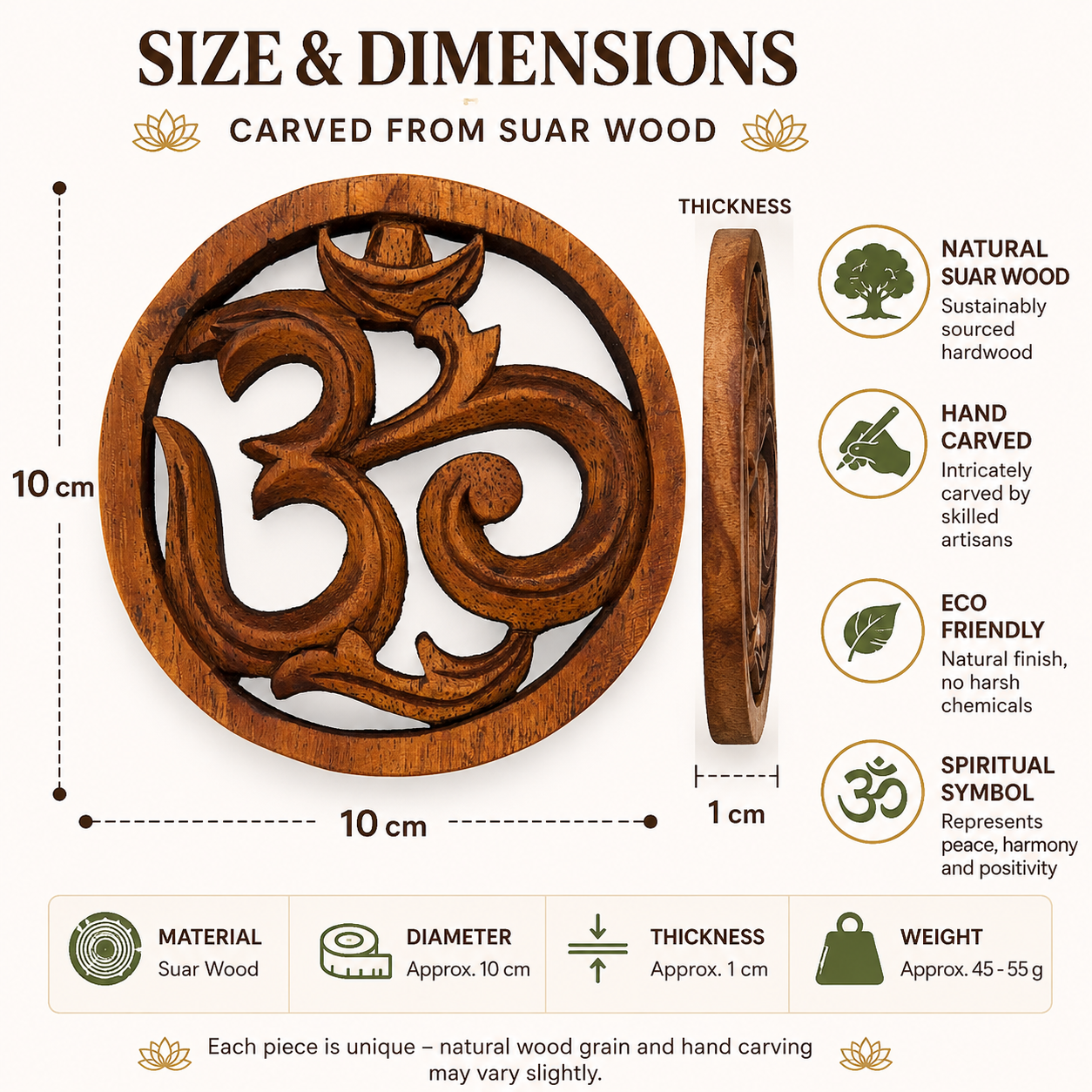 Invite harmony and sacred energy into your home with this Hand Carved Wooden Om Wall Hanging, beautifully crafted from sustainably sourced suar wood. Each piece is individually hand carved by skilled artisans, honouring the traditional techniques that celebrate both craftsmanship and spirituality