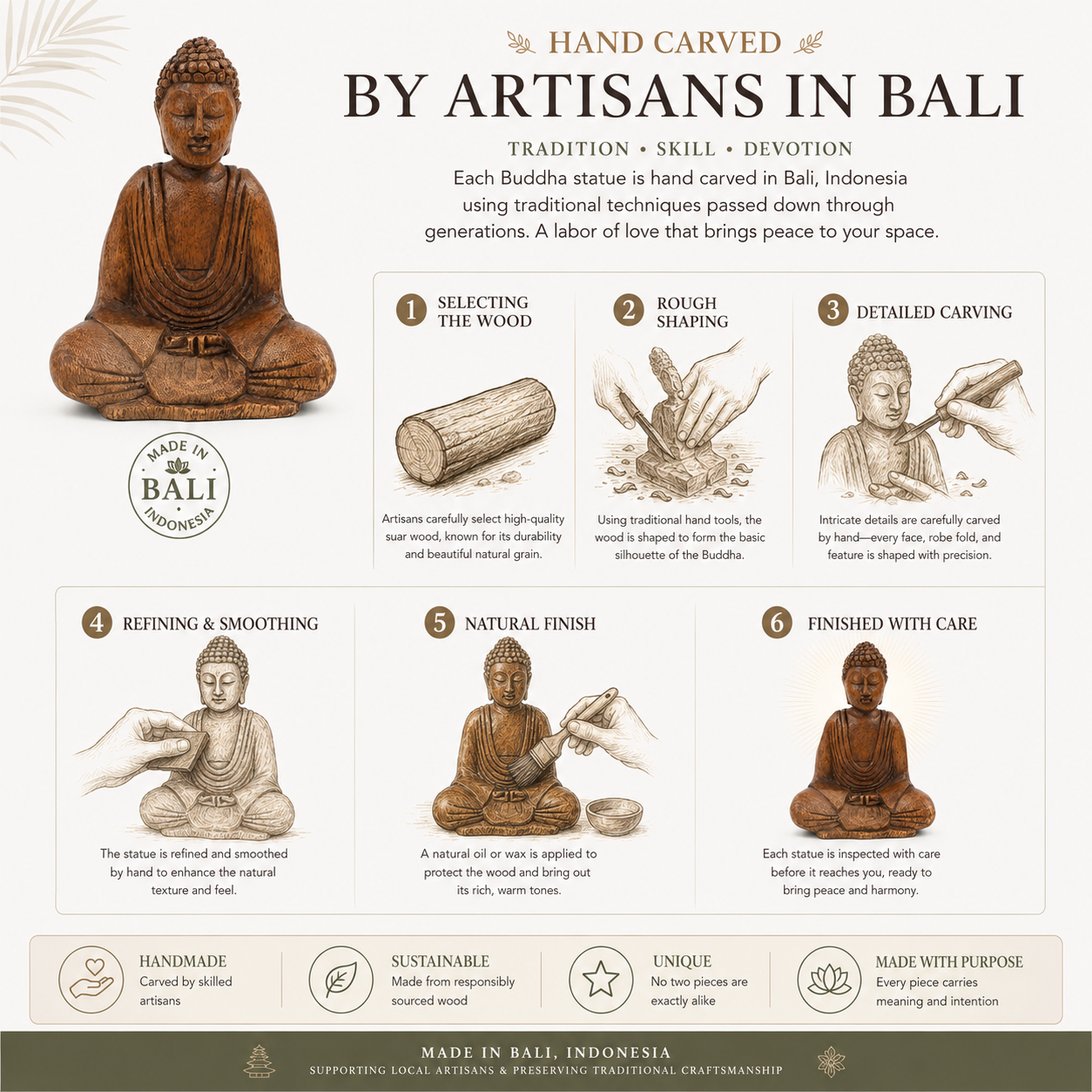 Hand carved Buddha Statue 15cm | Wood carved Buddha Statue

Hand carved 15cm wooden Buddha statue from Bali in the Dhyan Mudra. A serene meditation figure perfect for altars, sacred spaces and spiritual practice.
