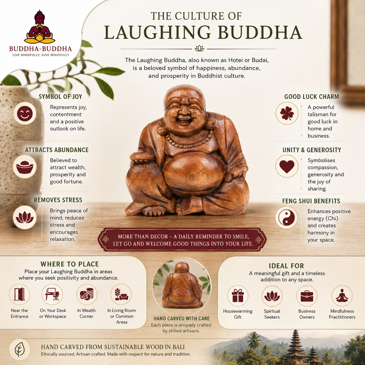Invite joy & prosperity with our hand-carved Solid Laughing Buddha statue, crafted from durable Raintree wood. Perfect for home decor, meditation spaces, or meaningful gifts.