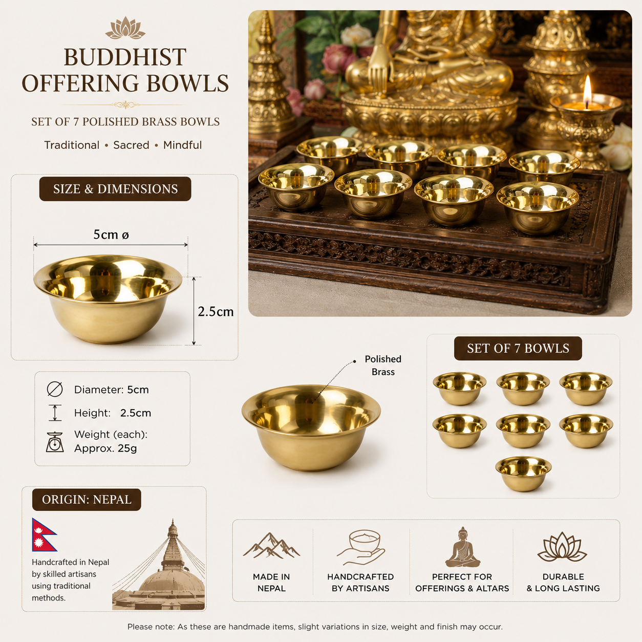 Small Brass Offering Bowls – Set of 7 Altar Tools | Buddha-Buddha

Set of 7 small brass offering bowls for altar use. Perfect for water, incense, or oil offerings in daily Buddhist practice. Handmade in Nepal.
