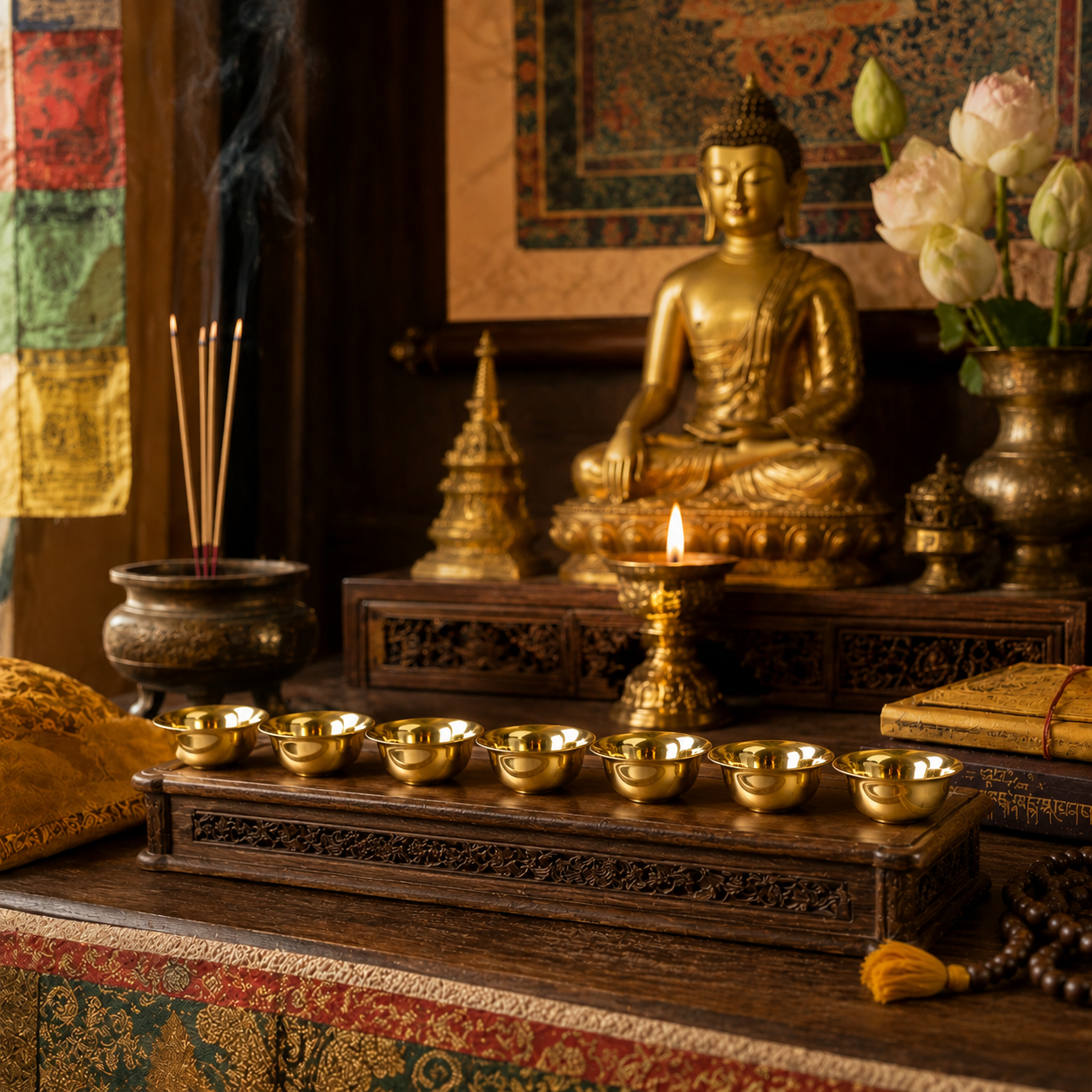 Small Brass Offering Bowls – Set of 7 Altar Tools | Buddha-Buddha

Set of 7 small brass offering bowls for altar use. Perfect for water, incense, or oil offerings in daily Buddhist practice. Handmade in Nepal.