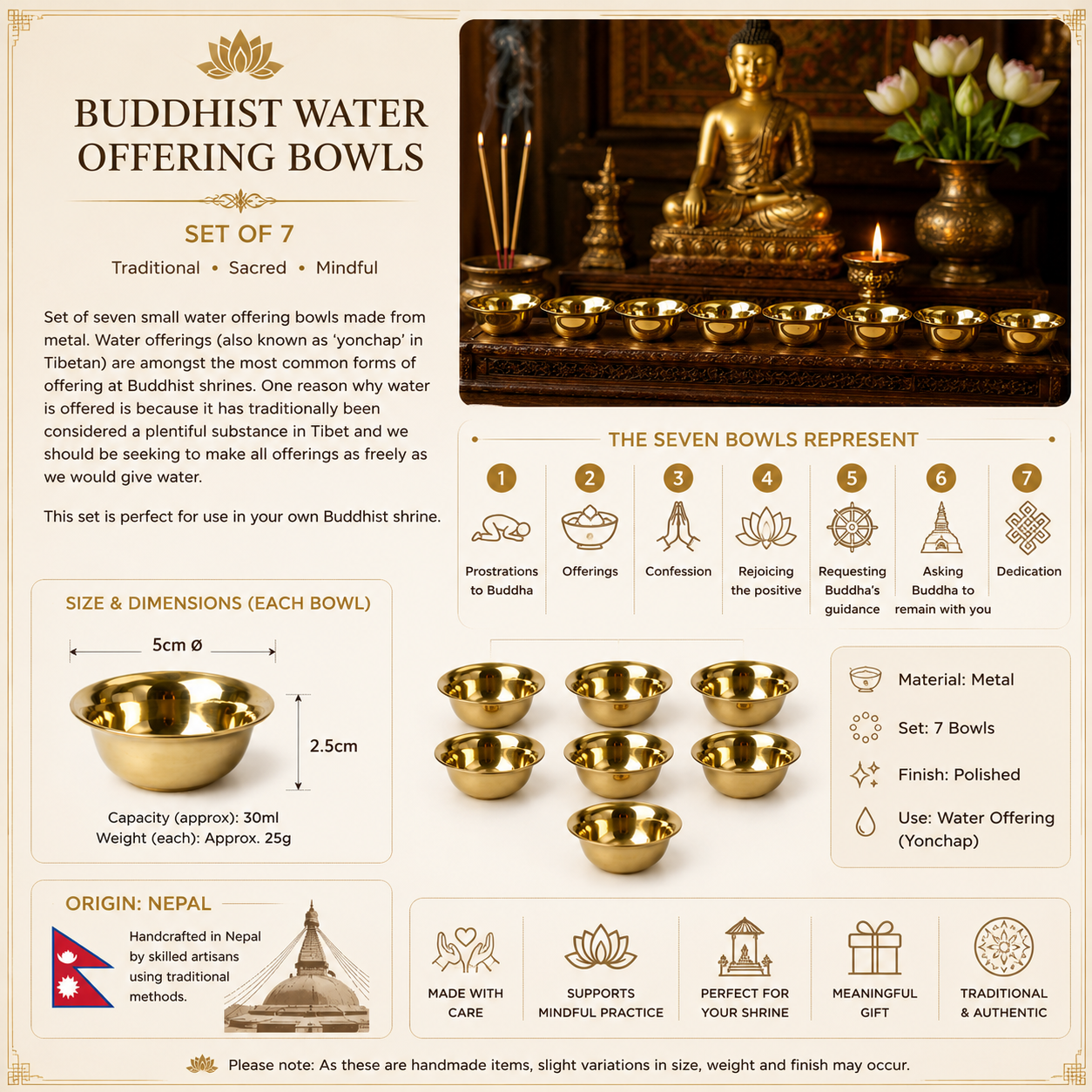 Small Brass Offering Bowls – Set of 7 Altar Tools | Buddha-Buddha

Set of 7 small brass offering bowls for altar use. Perfect for water, incense, or oil offerings in daily Buddhist practice. Handmade in Nepal.