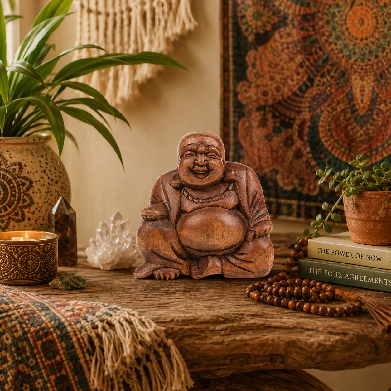 Invite joy & prosperity with our hand-carved Solid Laughing Buddha statue, crafted from durable Raintree wood. Perfect for home decor, meditation spaces, or meaningful gifts.