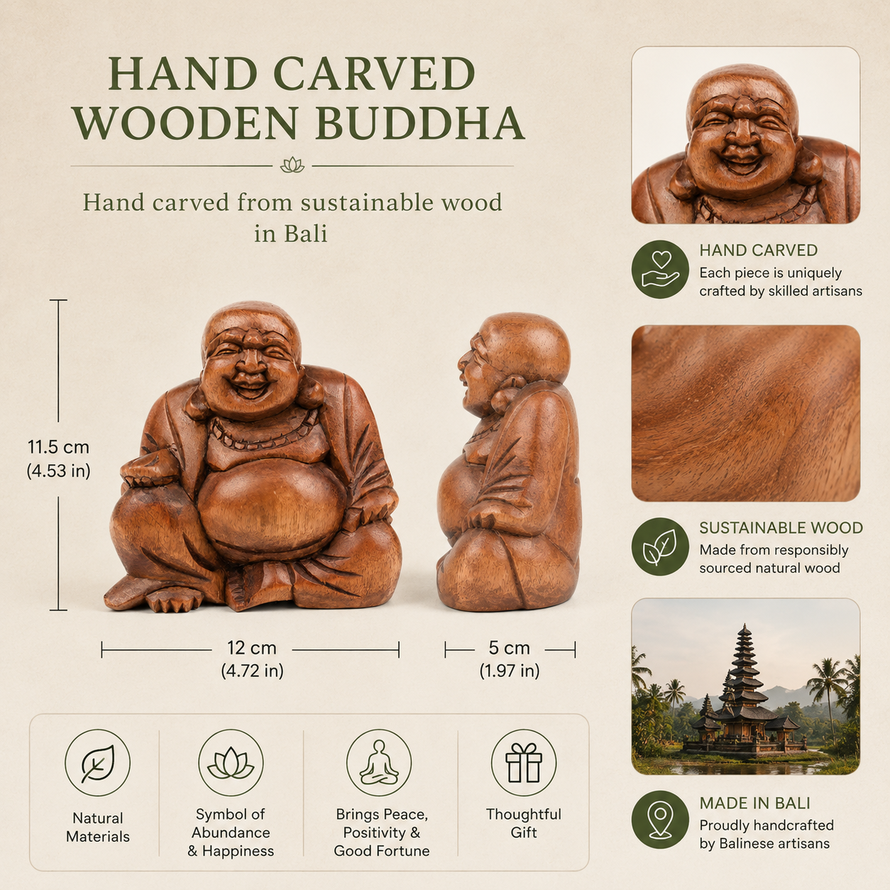 Invite joy & prosperity with our hand-carved Solid Laughing Buddha statue, crafted from durable Raintree wood. Perfect for home decor, meditation spaces, or meaningful gifts.