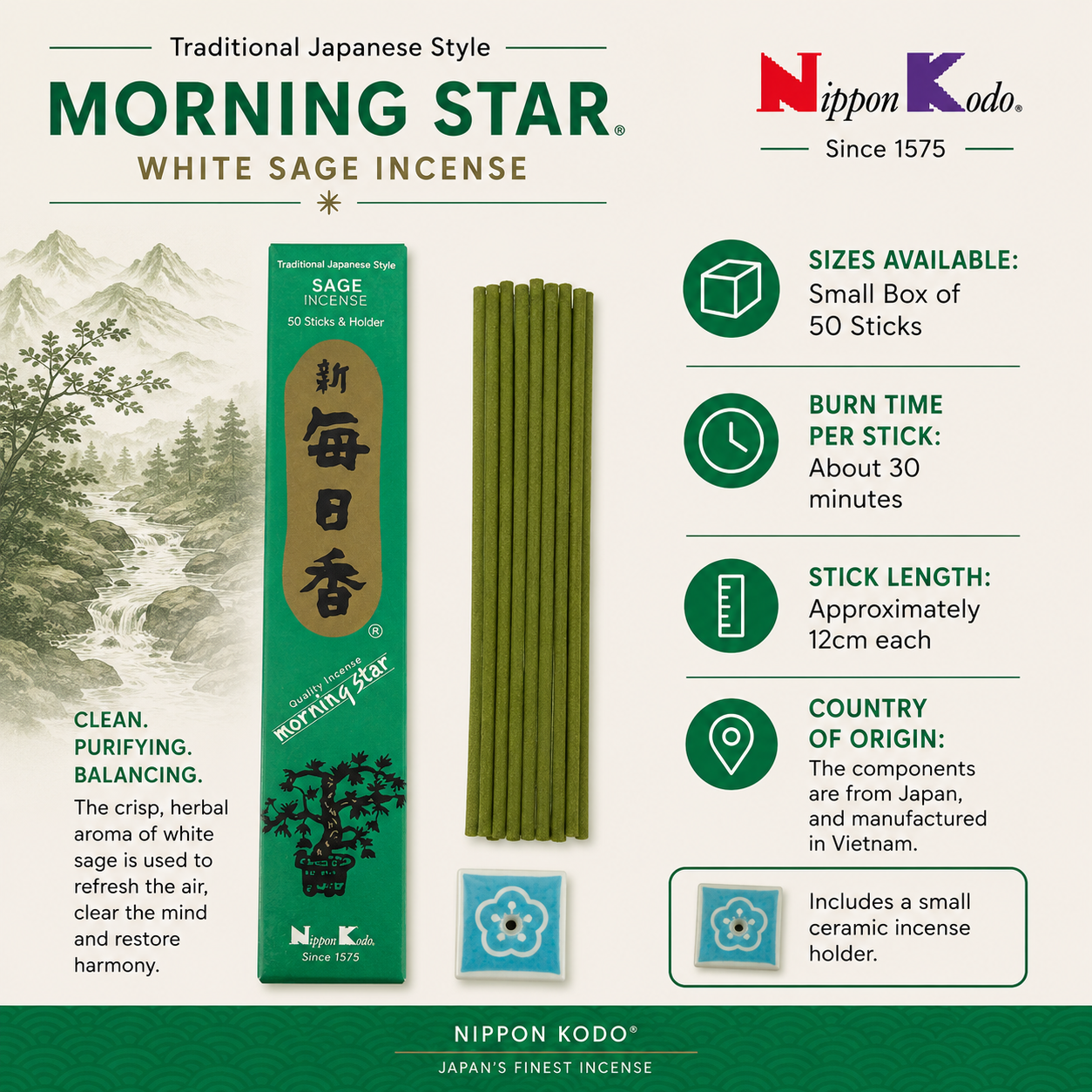 Morning Star White Sage incense by Nippon Kodo releases a fresh, uplifting herbal fragrance ideal for purification, meditation, and spiritual practice. Revered for its cleansing properties, this Japanese incense creates a calming atmosphere and can be used alone or blended with complementary scents like sandalwood. Each stick burns for approximately 30 minutes, filling your space with a gentle, natural aroma. Perfect for daily rituals, Buddhist incense offerings, or as a thoughtful spiritual gift.