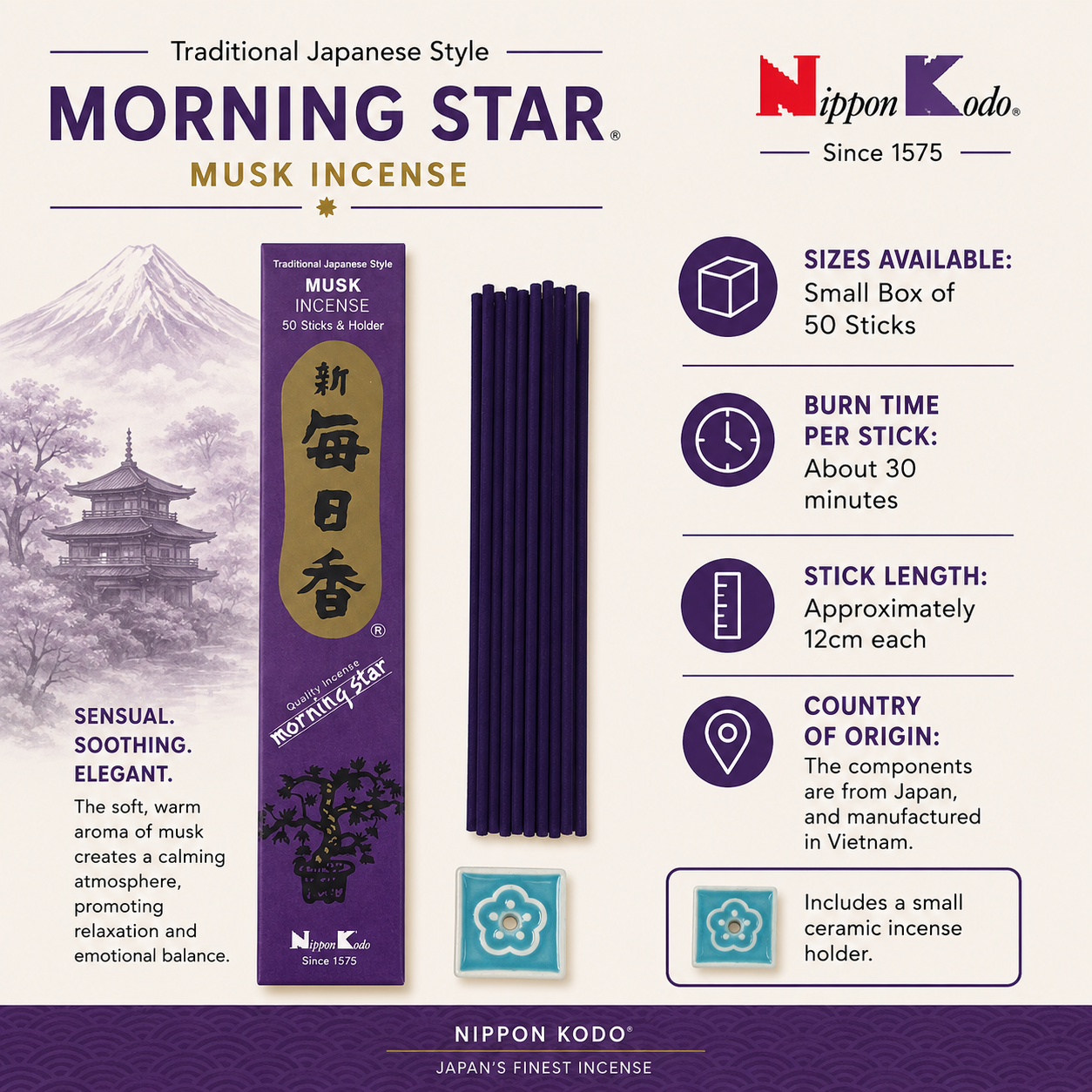 Morning Star Musk Incense by Nippon Kodo offers a rich, sensual fragrance with creamy and powdery notes, creating a soothing and inviting atmosphere. Bamboo-free for a clean burn with minimal smoke, these incense sticks pair beautifully with other Morning Star scents like rose, gardenia, or jasmine for a personalized aromatic experience. Each stick burns for approximately 30 minutes and measures around 12cm, perfect for daily enjoyment or enhancing your space with traditional Japanese incense.