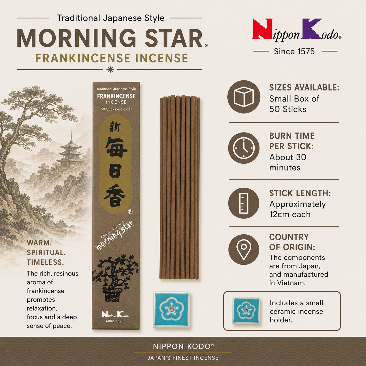 Morning Star Frankincense is a classic Japanese incense by Nippon Kodo, centred on the sacred aroma of frankincense resin from the Boswellia tree. Warm, resinous, and gently balsamic, this fragrance has been valued for thousands of years for meditation, prayer, and spiritual practice. Subtle yet deeply grounding, it creates a calm and contemplative atmosphere without heavy smoke, making it ideal for daily use. Part of the iconic Morning Star Japanese incense range, first created in the 1960s, it remains a t