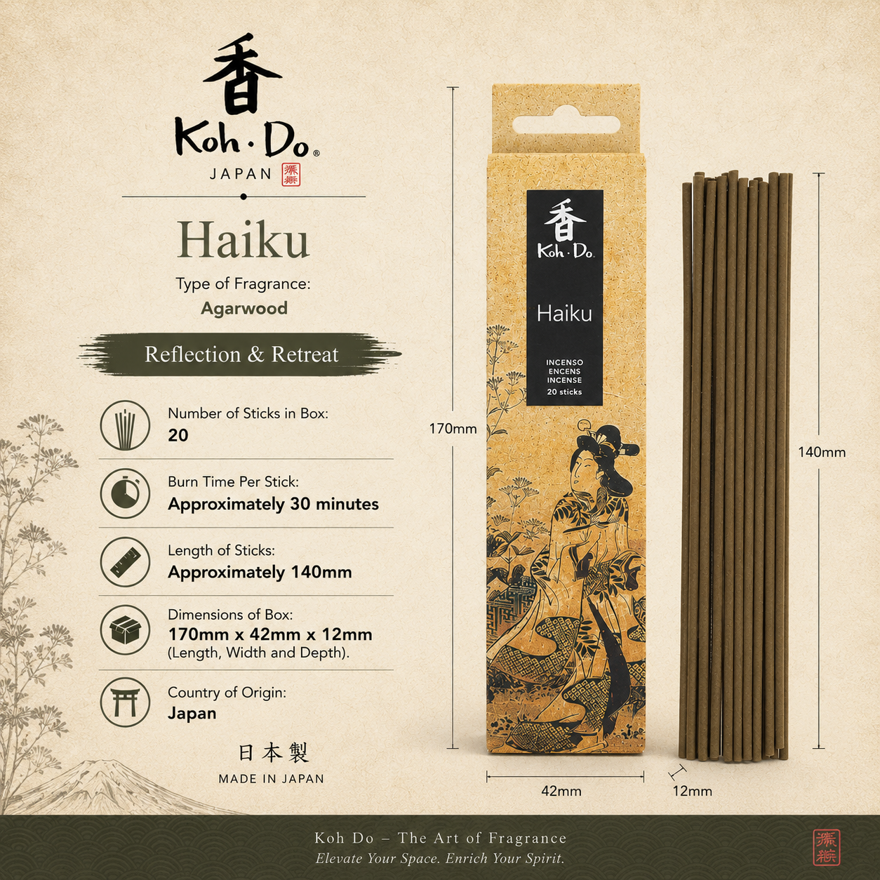 Koh-Do Haiku Incense is an elegant Japanese incense crafted with rare Kyara aloeswood, revered as the most precious form of agarwood. Its deep, refined woody aroma creates an atmosphere of stillness, creativity, and quiet contemplation. Designed for moments of reflection, meditation, or mindful writing, this incense reflects the Japanese tradition of incense appreciation, where fragrance becomes an art form. Produced by master makers Nippon Kodo and Baieido, Koh-Do Haiku burns cleanly and evenly, offering a