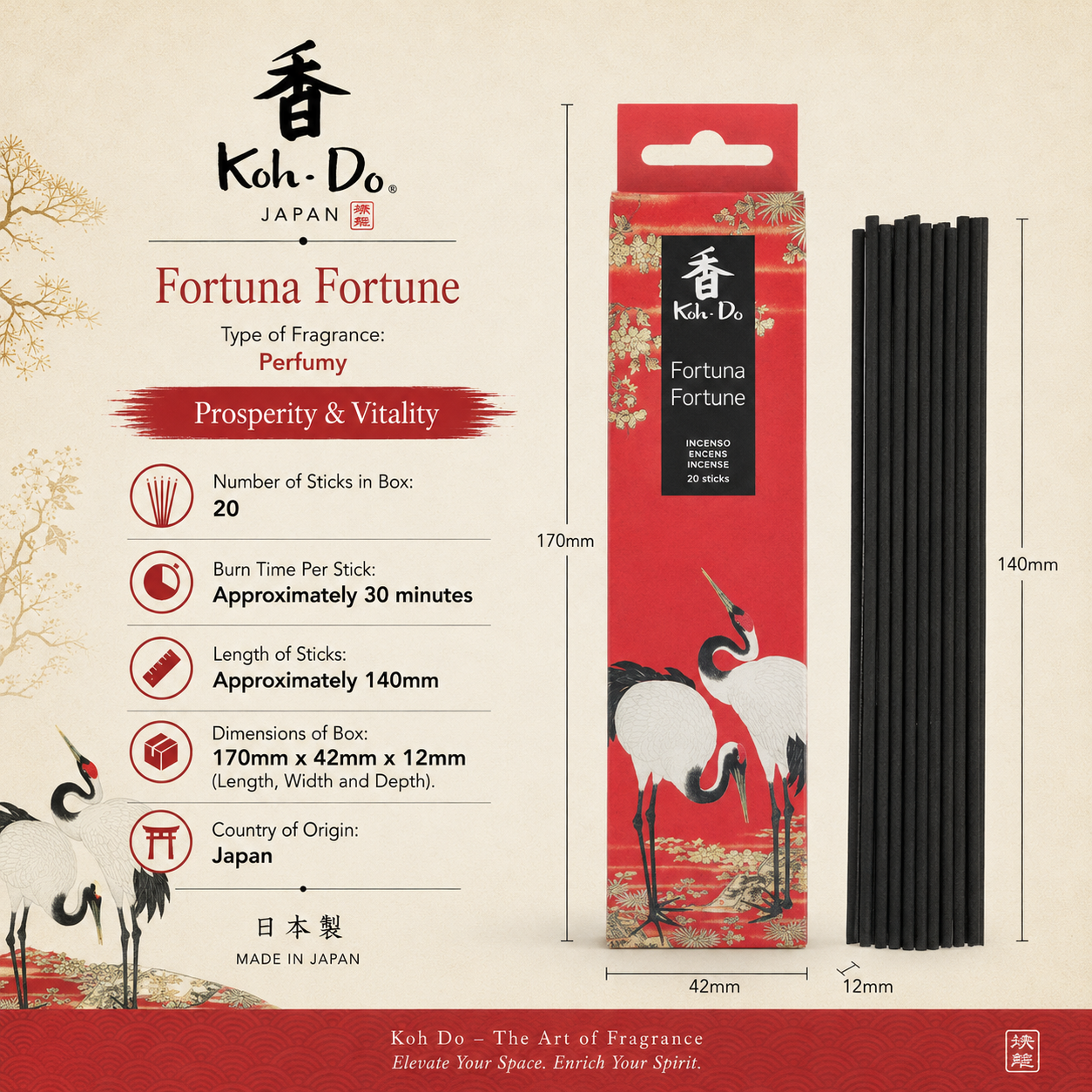 Invite prosperity and balance with Koh-Do Fortune incense by Nippon Kodo. This refined Japanese incense blends chrysanthemum, fresh bergamot, geranium, and earthy oak moss with a warm oriental depth. Each box contains 20 low-smoke sticks, burning for approx. 30 minutes to create a calming yet uplifting atmosphere. Perfect for meditation, daily rituals, and mindful living, this elegant fragrance encourages clarity, vitality, and a sense of spiritual abundance.