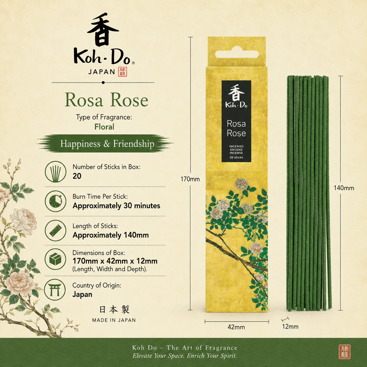 Koh-Do Rose Incense envelops your space in a deep, sensual floral fragrance that evokes warmth, happiness, and heartfelt connection. Infused with the exquisite essence of Bulgarian Damask Rose—often known as “liquid gold”—this refined Japanese incense is beautifully balanced with gentle notes of plum blossom, cherry blossom, and lily of the valley. The result is a rich yet graceful floral aroma that feels comforting, uplifting, and timeless. Crafted in Japan with a clean, low-smoke burn, Koh-Do Rose is idea