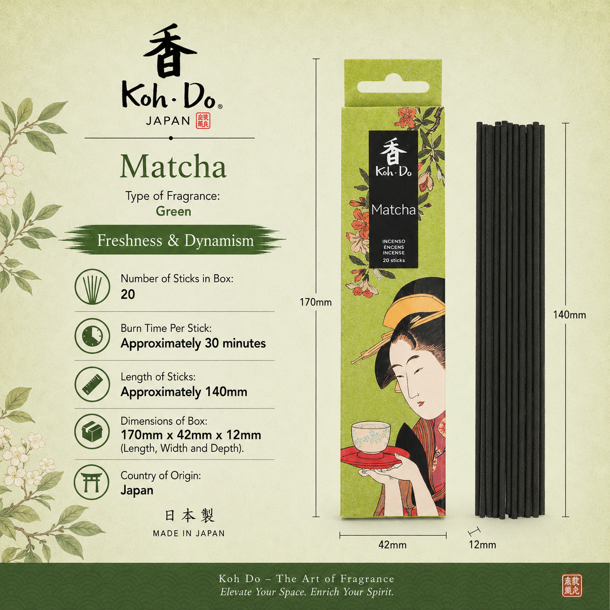 Koh-Do Matcha Incense – Japanese Tea Incense by Nippon Kodo

Koh-Do Matcha incense by Nippon Kodo with fresh tea leaf notes, tea husk extract and binchotan charcoal, inspired by the Japanese tea ceremony.