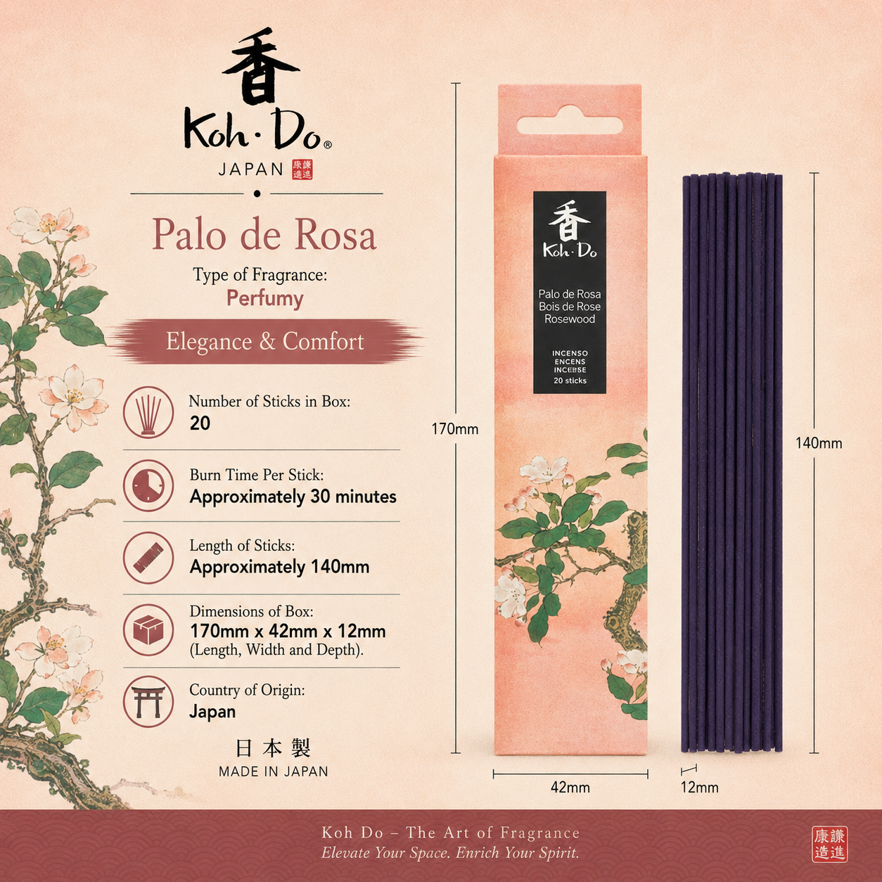Koh-Do Rosewood Incense presents a refined, uplifting woody fragrance that balances the deep warmth of sandalwood with the light, clean character of South American rosewood. This elegant blend creates an atmosphere of purity, comfort, and quiet positivity, making it ideal for mindfulness, self-reflection, or enhancing everyday living spaces. Smooth and gently invigorating, the aroma encourages calm focus without overpowering the senses. Crafted in Japan by Nippon Kodo using time-honoured incense-making trad