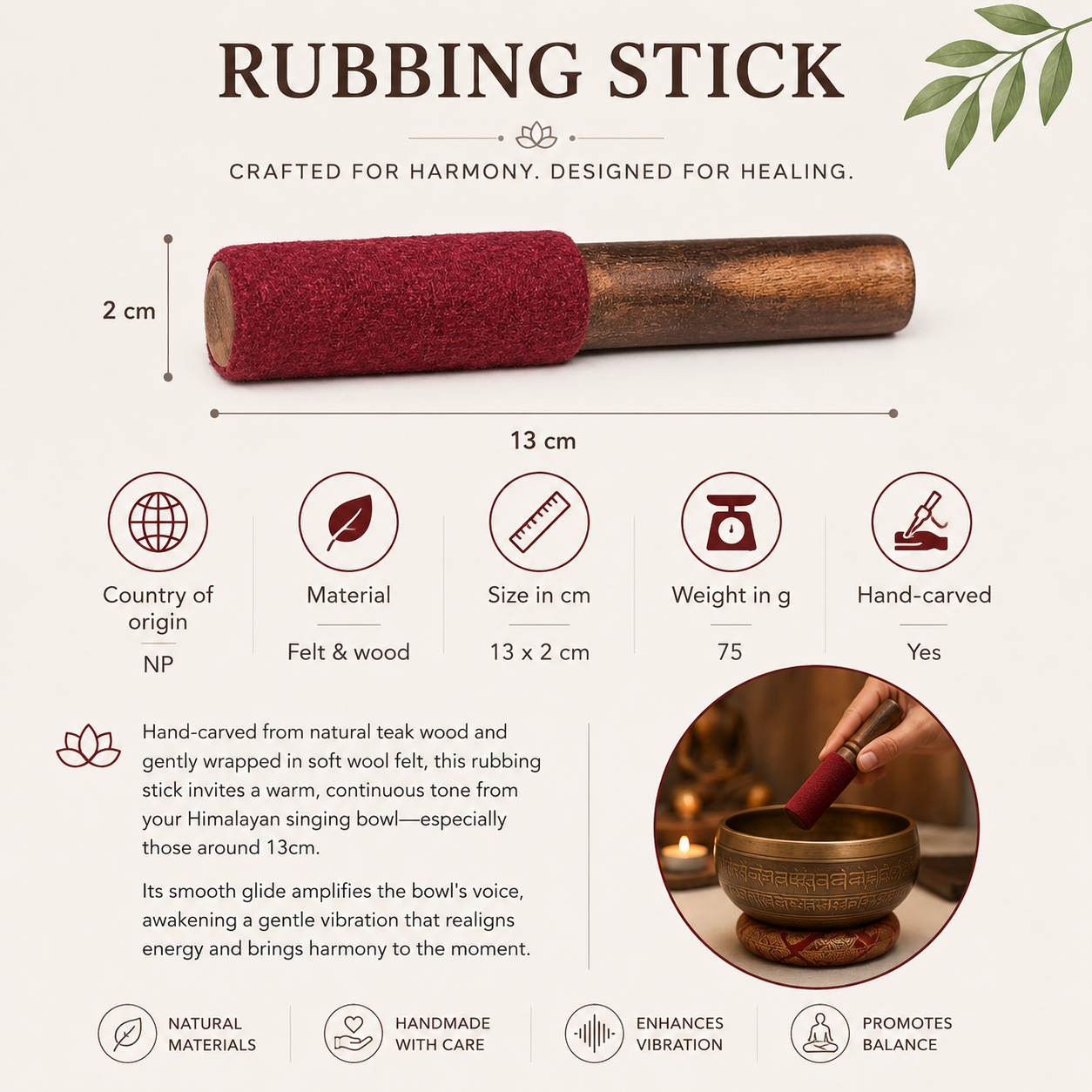 Small Wool Felt Singing Bowl Stick – Teak Rubbing Tool for Sound Heali…

Enhance your sound healing with our small wool felt rubbing stick. Perfect for 13cm bowls. Crafted from teak for smooth, soothing resonance.