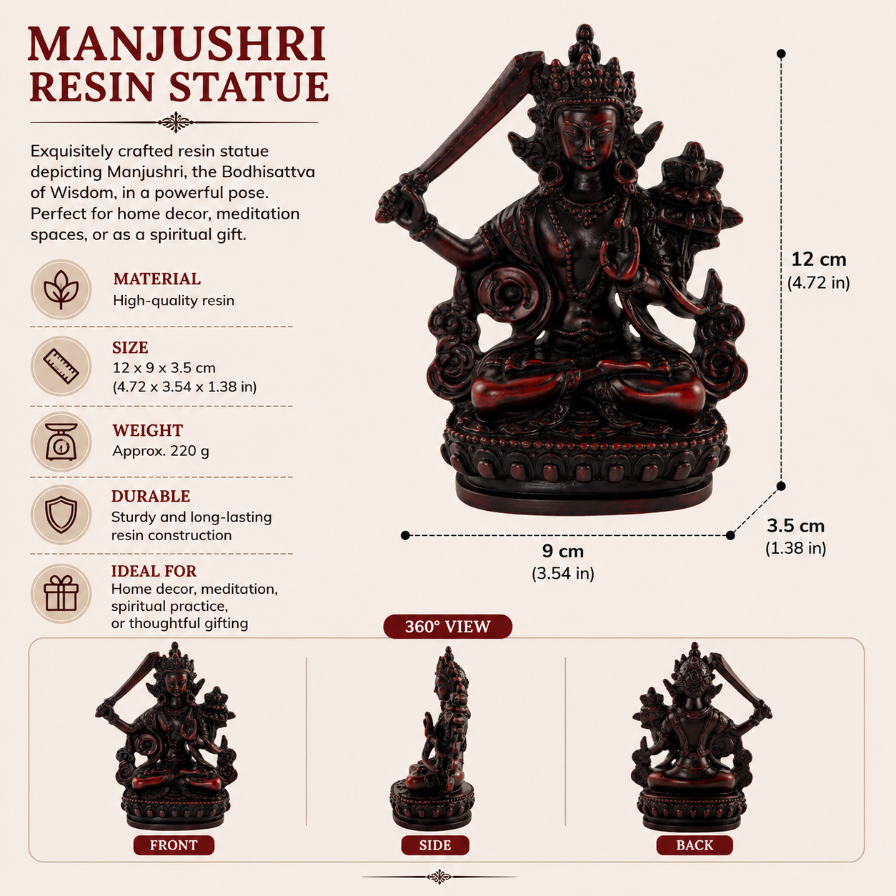 Invite the presence of enlightened wisdom into your space with this Dark Red Manjushree Statue, a beautifully crafted representation of the bodhisattva of transcendent insight.
