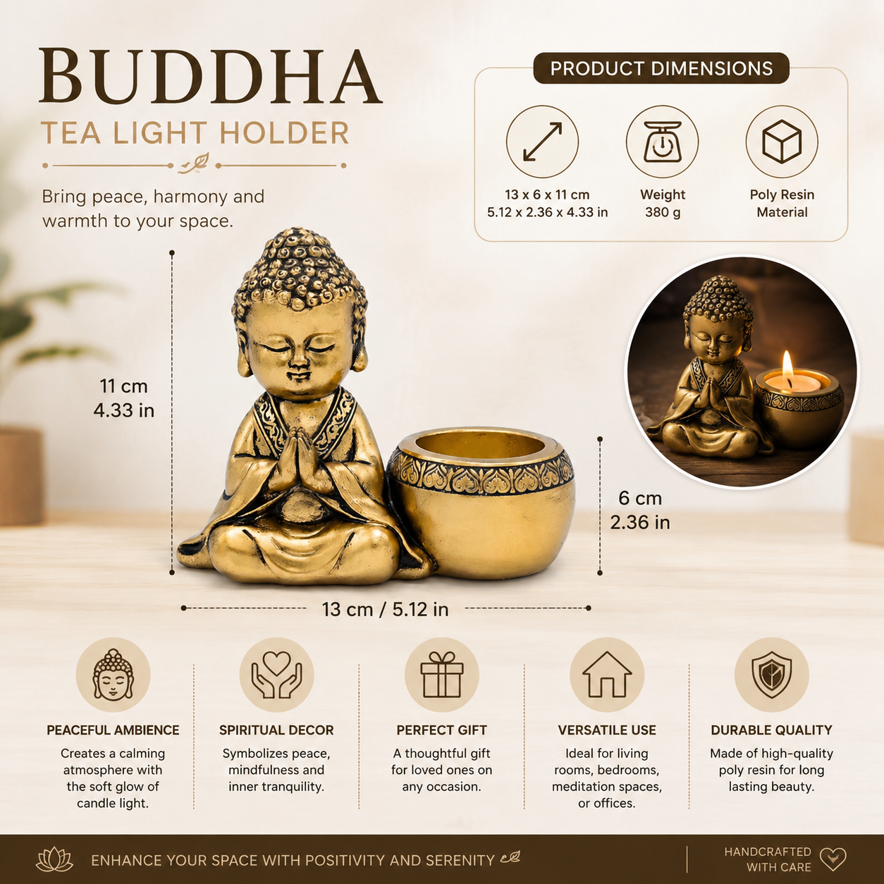 Bring a sense of peace and mindfulness into your home with this elegant Gold Buddha Tealight Candle Holder. Featuring a beautifully crafted praying Buddha figure alongside a tealight holder, this decorative piece creates a calming ambiance wherever it is placed.