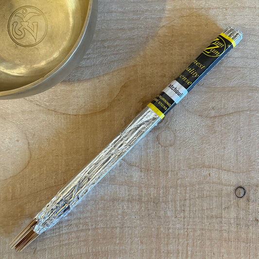 Zam Zam Patchouli incense sticks with rich earthy aroma. Long burning hand rolled incense for meditation, rituals, and grounding spaces.