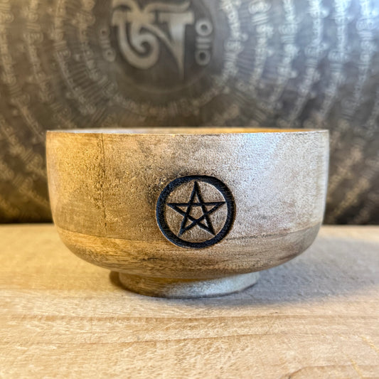 Handcrafted wooden ritual incense bowl with pentacle for meditation and protection