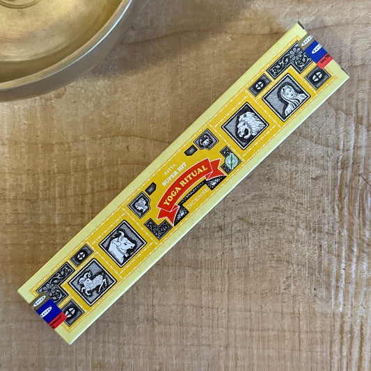 Satya Super Hit Yoga Ritual incense 15g from the Nag Champa Collection. Hand-rolled sandalwood incense for meditation, ritual, and cleansing.