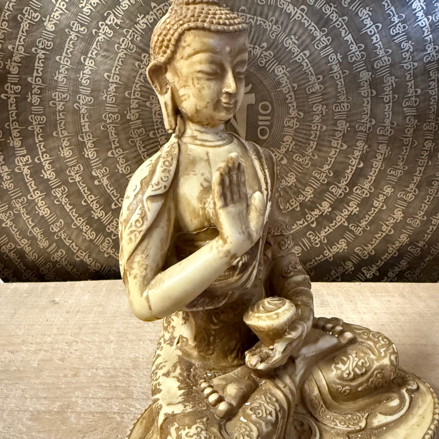 Handcrafted Amogasiddhi Buddha statue from Nepal, 19cm, symbol of protection and fearlessness