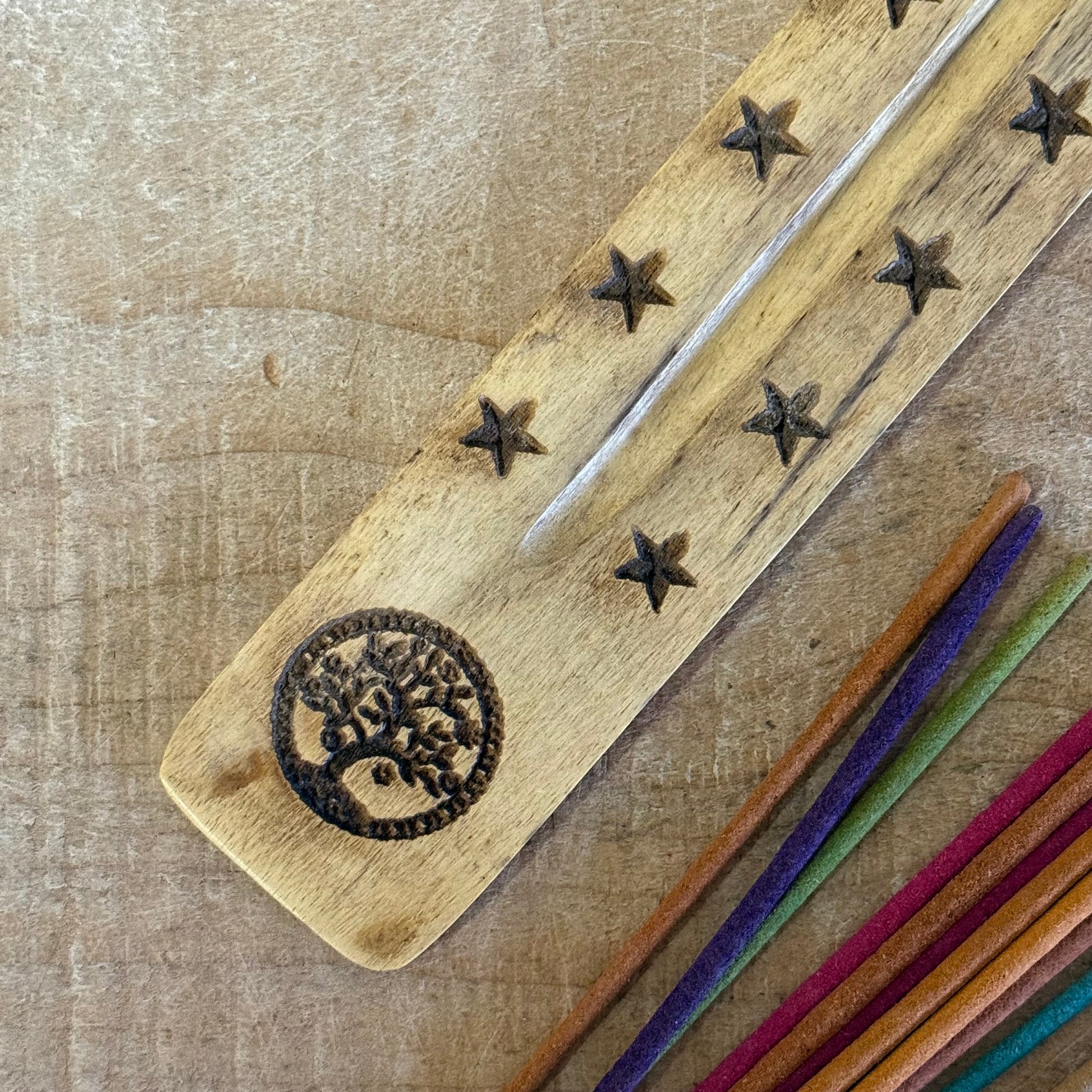 Natural mango wood incense stick holder with hand carved Tree of Life design 26cm